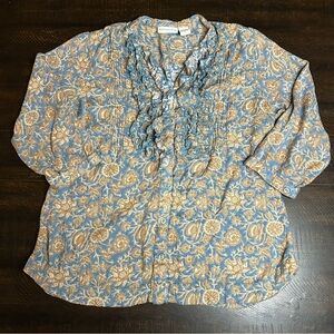 Rayon Soft Surroundings  Rayon Blue and Tan Floral Blouse